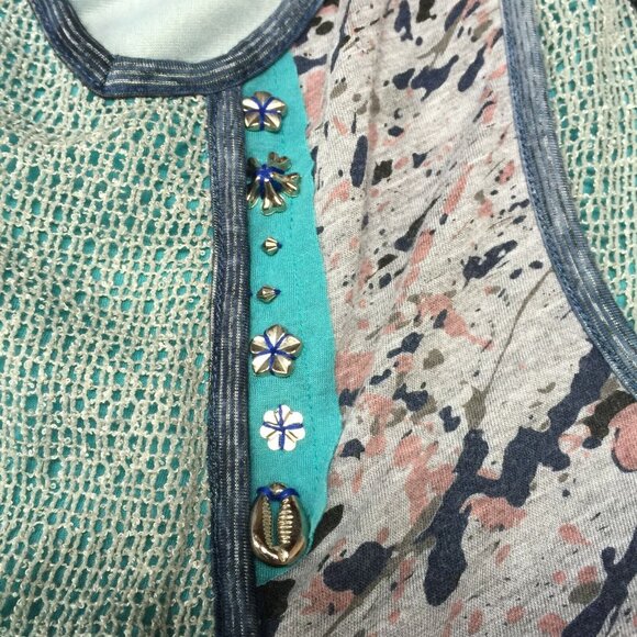 Forla Paris Women Asymmetric Dress Embellished Patchwork V-Neck Cap Sleeve Blue - Picture 10 of 10